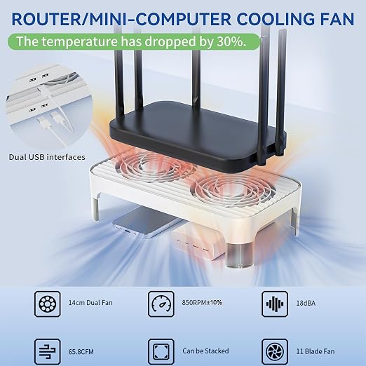 X4 Quiet USB Cooling Fan, High Speed Dual 140mm USB PC Fan, 1-Touch Switch & 2 USB Ports, Stackable Design for Router, Receiver Amplifier, DVR, PlayStation, Xbox, Computer Cabinet Cooling