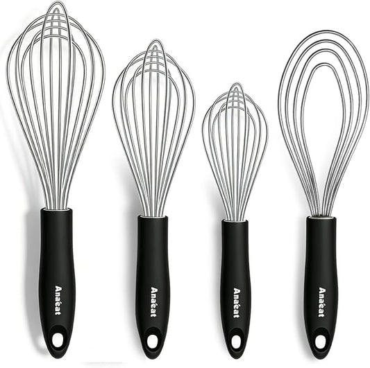 Anaeat Stainless Steel Kitchen Whisk Set of 4, Milk and Egg Beater Blender with Thick Wire for Whisking, Cooking, Baking, Beating and Stirring - 11'' Flat Whisk and 9''+11''+12'' Balloon Whisks