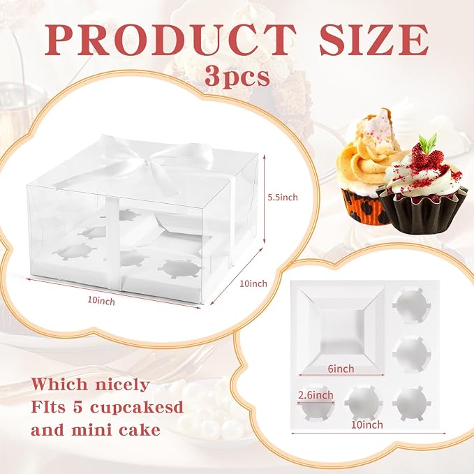 3Pcs Bento Cake Box and Cupcake 1+5 Combination Clear Window Bento Boxes, 6 Holes Bento Vake Box Suitable for 5 Regular Cupcakes and Mini Cakes