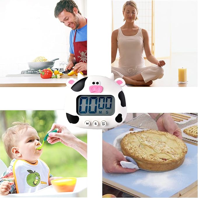 Kitchen Timer, Cute Cartoon Animal Countdown, Digital Cooking Timer with Magnetic, LCD Large-Screen Visual Clock, Hangable Alarm Clock with Stand，for Cooking Bake Sport Game (Cow)
