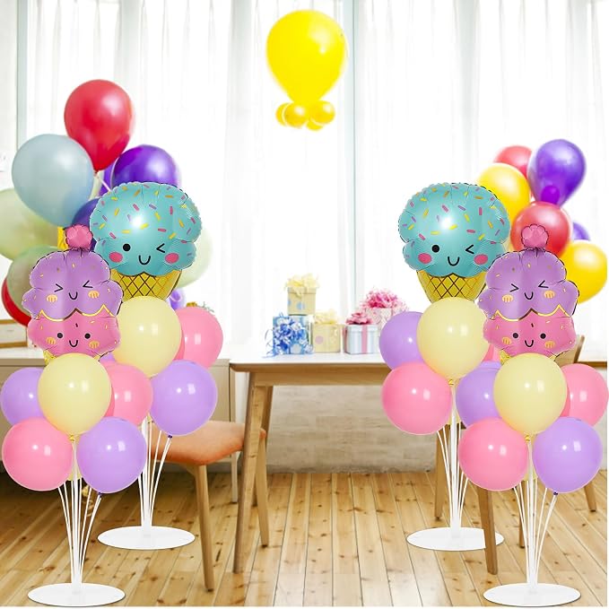 4 Sets Ice Cream Birthday Party Balloons Stand Kit with Ice Cream Foil Balloons Macaron Theme Party Ball Balloon Centerpiece for Tables for Summer Themed Birthday Baby Shower Decoration