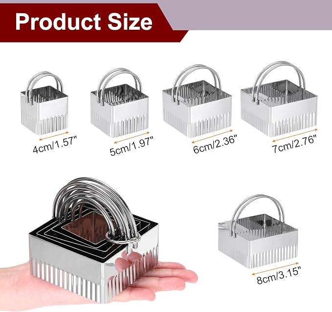 HARFINGTON 5 Pieces Square Biscuit Cutter with Handle Set Stainless Steel Cookies Dough Cutter Tool with Fluted Edge for Kitchen Baking Cake