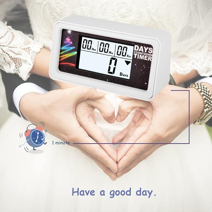 9999-Day Countdown Clock with 10 Cards for Wedding and Vacation | Shows total days, hours, minutes and seconds; 10 swappable paper themes, magnetic frame, 12/24-hour clock, 1-minute alert