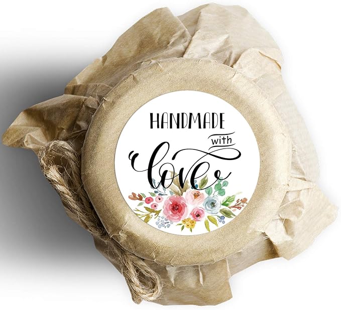 Floral Handmade Stickers, 1.4 Inch Round, 500 Labels per Roll (1 Roll), Adhesive Labels