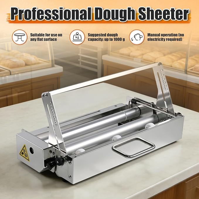 Folding Dough Sheeter (15.5")，Dough Sheeter，Manual Dough Sheeter，Commercial Dough Roller Sheeter，55 thickness options，Suitable for pizza, croissants, puff pastry, Stainless Steel（1 Rolling Boards）