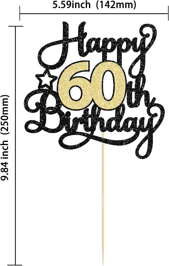 1Pc Happy 60th Birthday Cake Topper Black Gold Glitter Cheers to 60 Years Birthday Cake Pick 60 Fabulous Cake Decoration for Happy 60th Birthday Anniversary Party Cake Decorations Supplies