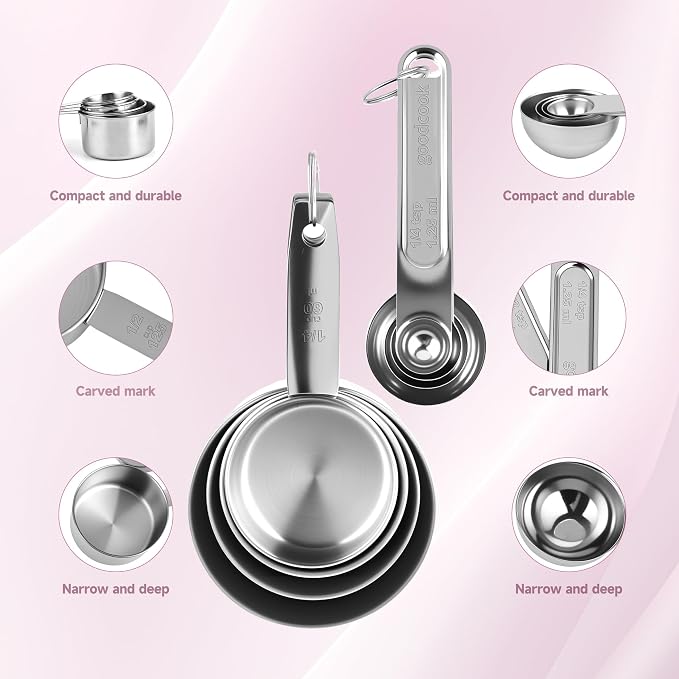 Measuring Cups and Spoons Set,Stainless Steel 8 Piece Nesting Measuring Tools for Dry & Liquid Ingredients, Kitchen Gadgets for Cooking and Baking, Includes 4 Cups and 4 Spoons