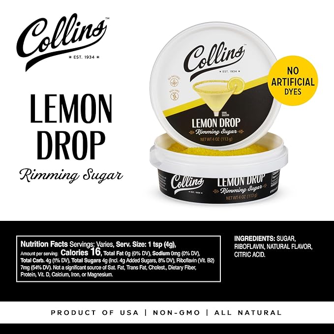 Collins Lemon Drop Cocktail Sugar, Enhance Lemon Drops, Sidecars, Spritzes, Citrus Cocktails, Glass Rimming Sugar for Drinks 4oz