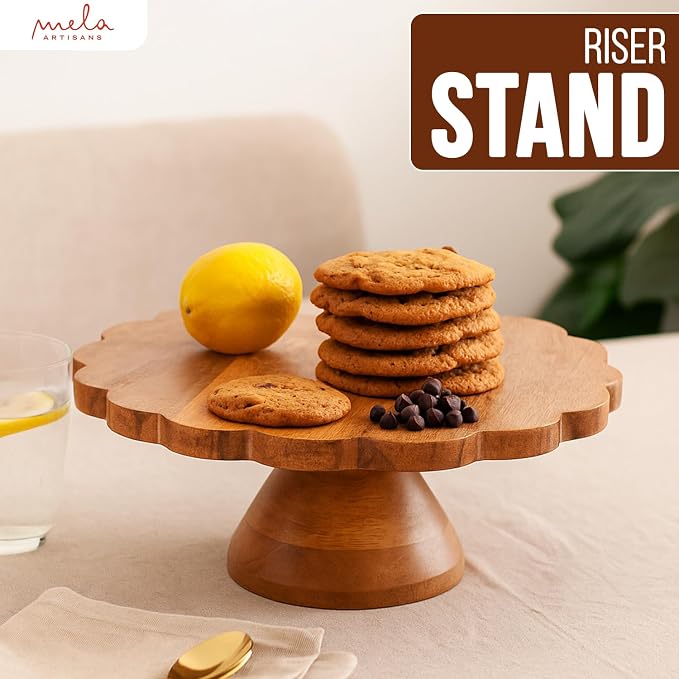 Mela Artisans 12" Mango Wood Cake Stand 5" Tall with Wooden Pedestal – Natural Finish Riser Designed for Birthday Cake and Cookie Display, Cupcake Stand & Decorative Trays