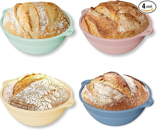 4Pcs Silicone Bread Proofing Basket, 9" Collapsible Sourdough Banneton with Dual Handles, Non-Stick Round Dough Proofing & Baking Bowl, Easy Clean, Oven Safe, BPA Free