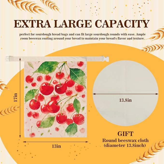 Beeswax Bread Bags for Sourdough 2 Pack 13"x17" Eco-Friendly Reusable Linen Cotton Storage Bags with Zipper Closure for Homemade Bread Fresh-Keeping, Freezer-Safe (Cherries)