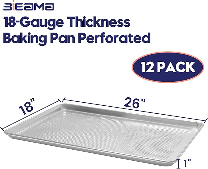 BIEAMA 12 Pack Full Size 26" x 18" Aluminum Baking Sheet Pan Perforated, Commercial Bakery Equipment Cookie Sheets, NSF Approved Baking Tray