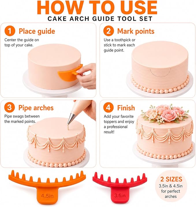 Hushee 2 Pcs Cake Arch Guide Tool Cake Decoration Tools Swag Marker Tool Piping Guide Convenient for Controlling Size and Position for Piping Beginners and Baker (Orange and Red)