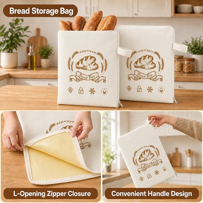 2 Pack Beeswax Bread Bags for Sourdough Homemade Bread, XL Cotton Lining Sourdough Reusable Organic Linen Beeswax Bread Bag with Zip to Keep Fresh and Upgraded Large Capacity Portable-17 x 13 Inches
