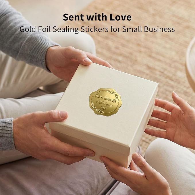 Handmade with Love Gold Foil Stickers, Pack of 100 Embossed Matte Gold Seals for Bakery Packaging, Treat Bags, Pastry Boxes, Small Business Thank You Labels for Gift Wrapping, 1.7 Inch (Gold)
