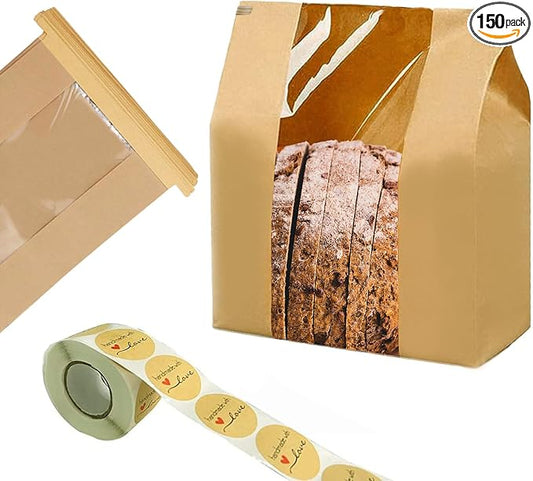 150 Pack Large Paper Bread Bags for Homemade Bread Sourdough Bags 14" x 8.3" x 3.5" with Tin Tie Tab Lock Clear Front Window Bakery Bag Packaging Cookie Bag with Label Seal Stickers