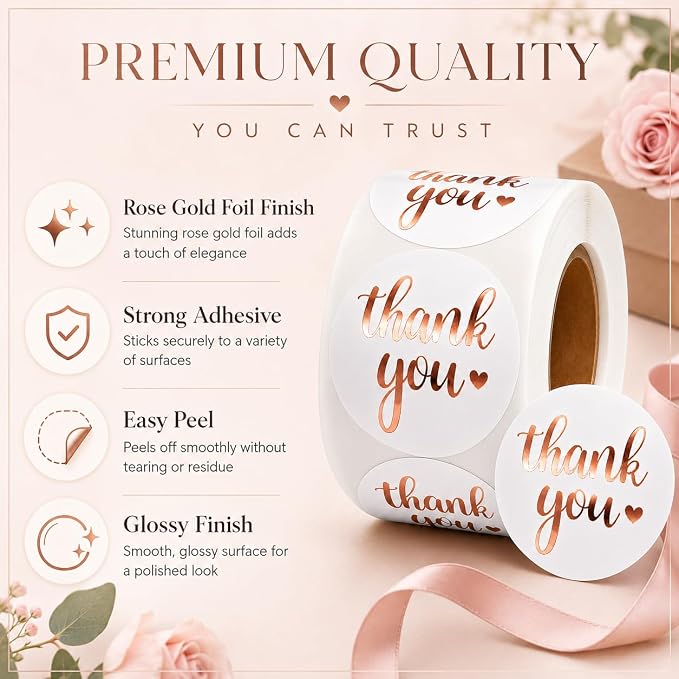 White Rose Gold Thank You Stickers roll, 500 Labels Roll, 1.5 Inch Round Self Adhesive Stickers for Packaging, Envelopes, Bags, Boxes & Wedding Favors