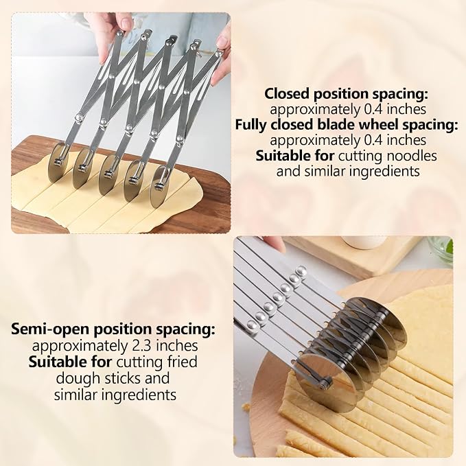 5 Wheel Pastry Cutter， Stainless Steel Expandable Dough Divider & Cinnamon Roll Cutter for Pasta, Pizza, Brownies - 2-Pack Multi-Use Baking Tool