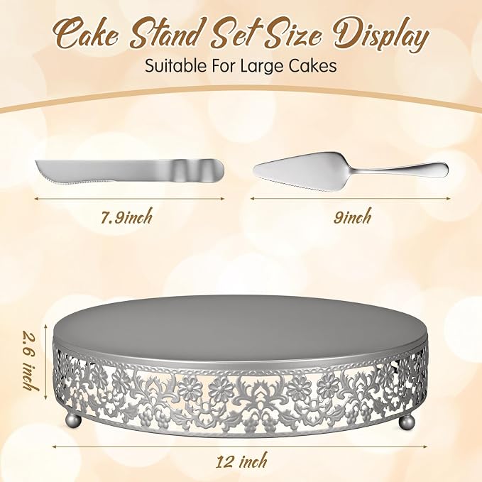 Wenqik 12 Inch Silver Cake Stand Set Metal Round Cupcake Dessert Stand with Cake Cutting, Flower Spatula Wedding Cupcake Pastry Display Candy Holder Display for Wedding Party Birthday Baby Shower