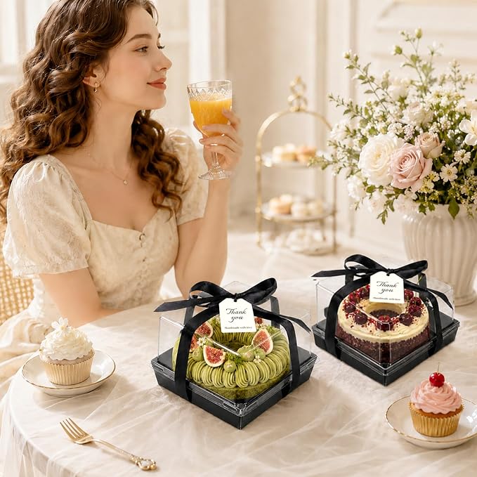 7 x 7 x 4 Inches Paper Cake Boxes with Clear Lids, 50 Pack Black Large Charcuterie Square Food Containers, Halloween Day Disposable Bakery Boxes for 4-6 Inch Bundt Cake, Pie, Dessert