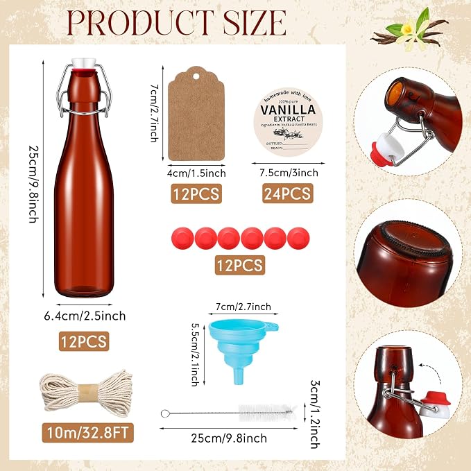 Vesici 12 Sets Swing Top Glass Bottles Set Amber Homemade Vanilla Extract Bottles Vanilla Extract Jars for Christmas DIY Crafts (12 Oz)