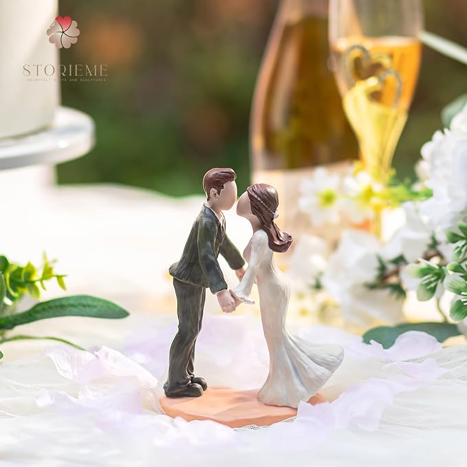 Storieme Bride and Groom Cake Topper: 5.3" Elegant Vintage Wedding Toppers for Cake - Romantic Engagement Newlyweds Kissing Resin Figurines Couple Gifts for Anniversary