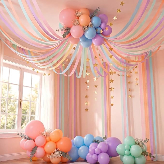 132 Pcs Pastel Birthday Party Balloons Decor with 197ft Crepe Paper Streamers Kits Rainbow Macaron Assorted Color Balloon Arch for Baby Shower Gender Reveal Ice Cream Party Wedding Unicorn