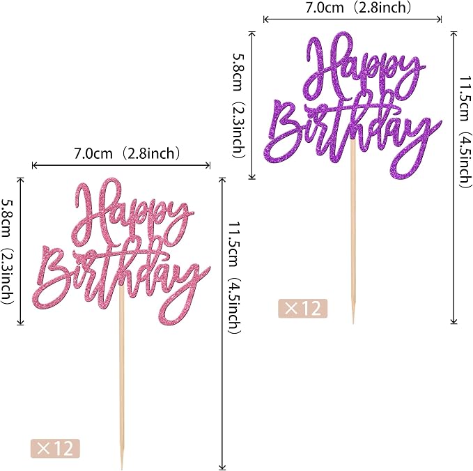 24 PCS Happy Birthday Cupcake Toppers Glitter Happy Birthday Cupcake Picks for Celebrating Anniversary Theme Party Cake Decorations Supplies Pink Purple