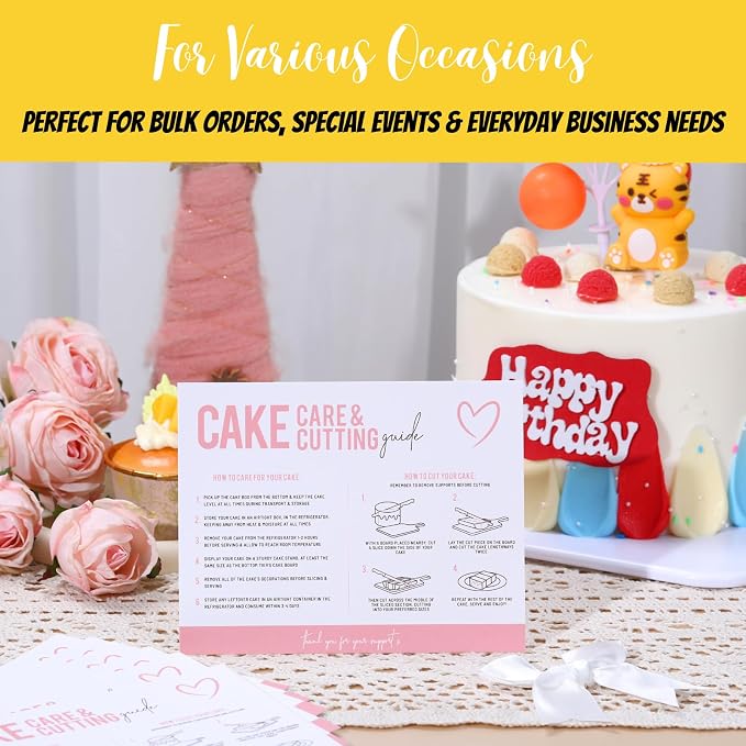 200 Count Cake Care Instruction Card How to Carry and Cut Your Cake Instruction Card for Small Business Cake Boxes, Professional Baker, Cake Boards, Baking Supplies Kit Set（ 5.5 x 4.25 Inch, White)
