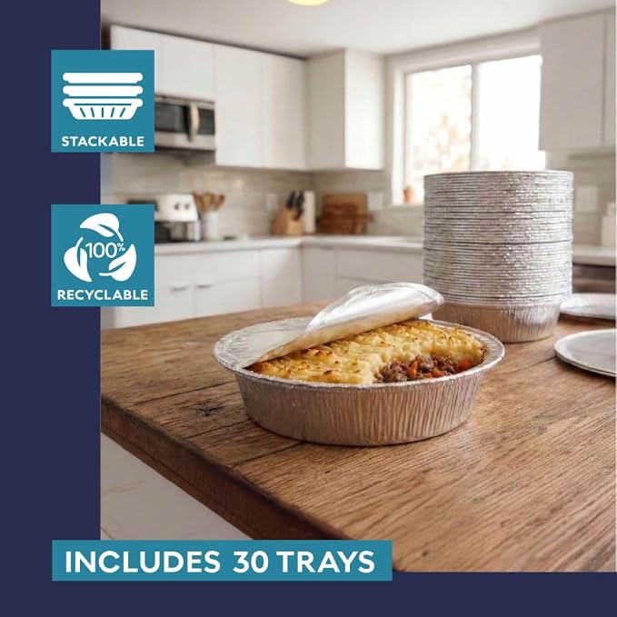 The Name 7" Round 30 Pack Aluminum Foil Pans Disposable Pie Tins, Mini Pans, Tart Baking Trays, Oven/Freezer Safe, Perfect for Apple Pie, Pumpkin Pie, Quiche, Pot Pie, Cobbler, Catering & Food Service