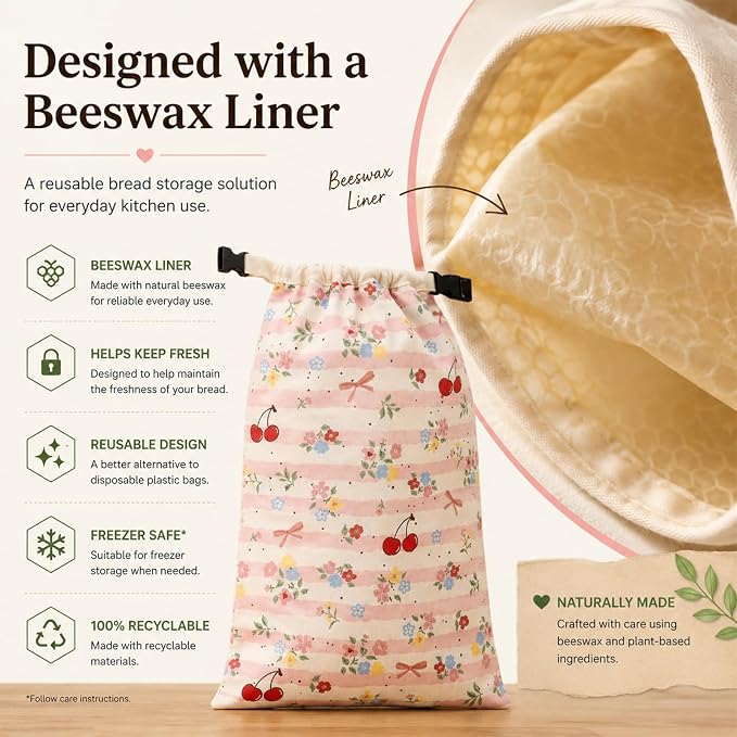 Bread Bags for Homemade, Natural Beeswax Bread Bag 2 Pack XL 13x17 Inch, Reusable Organic Cotton Linen Storage Bags, Beeswax Bread Bags for Sourdough, Keeps Bread Fresh Longer (Cherries)
