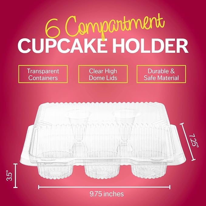 Plastic Cupcake Containers Boxes | 6 Compartment – 50 Pack | Disposable High Dome Dozen Cupcake Holder With Lid Bulk | Extra Sturdy Stackable Cupcake Boxes | Durable Muffin Packaging Transporter To Go