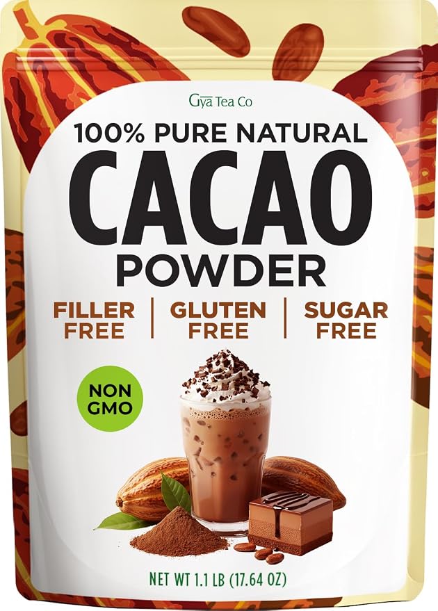 Gya Tea Co Cacao Powder 1.1 lb (17.64 oz) - Unsweetened & Rich Dark Chocolate Flavor for Hot Chocolate, Baking, Smoothies - Non-GMO, Gluten-Free, Vegan Friendly, Keto Diets
