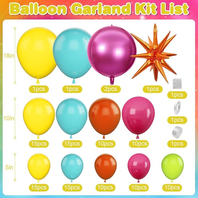 Tropical Balloon Arch Kit, Hot Pink Orange Yellow Green Teal Blue Tropical Balloon Garland with Orange Star Foil and Pink 4D Round Balloons for Hawaiian Luau Summer Party Decorations Birthday Decor