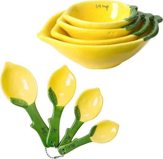 Lemon Shaped Measuring Cups and Spoon Set, Ceramic Kitchen Tools for Bakers, 4 Measuring Cups and 4 Measuring Spoons, Fresh Citrus Decor, Novelty Lemon Accessories, Unique Gift for Kitchen