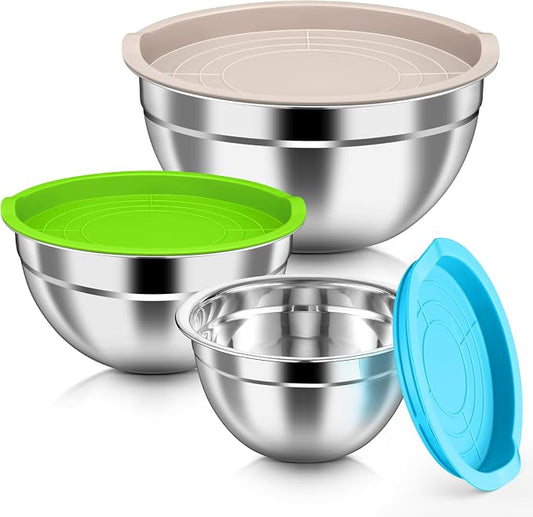 HaWare Mixing Bowls with Airtight Lids, 6-Piece Stainless Steel Salad Bowls, Strong Nesting Bowls for Cooking, Prepping, Baking, Serving & Food Storage, Stackable Design, Size 4.6, 3, 1.5QT, Colorful