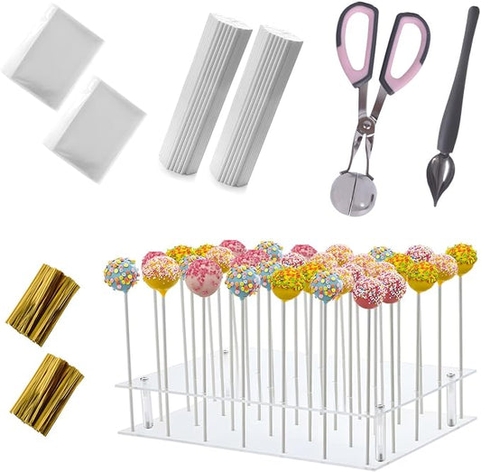 Cake Pop Kit Including 200 pcs 6 inch Lollipop Sticks and 200 Clear Wrappers, 35 Hole Clear Acrylic Display Stand, Metal Baller Scoop, Culinary Decorating Scooper, 200 pcsTwist Ties