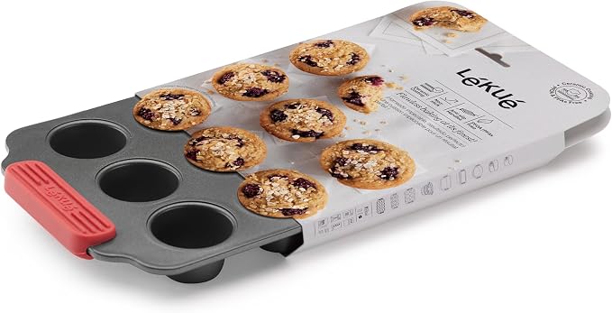 Lékué Non-Stick 12 Hole Mini Muffin Mold - Carbon Steel Oven Baking Pan with Platinum Silicone Handles, Even Heat, Dual Non-Stick Ceramic Coating, Scratch Resistant, PFOA & PFA-Free, 12.2 x 7.1 x 1.5"