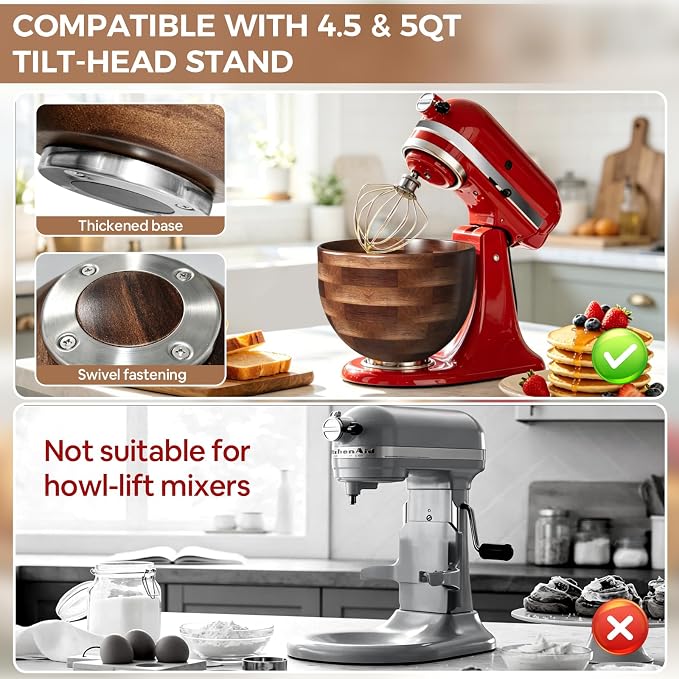 Airpro Solid Wood Mixing Bowl for 4.5-5Qt Tilt-Head Stand Mixers – Natural True Acacia/Walnut with Lid Cover & Stainless Steel Locking Base, 5 Quart for KitchenAid