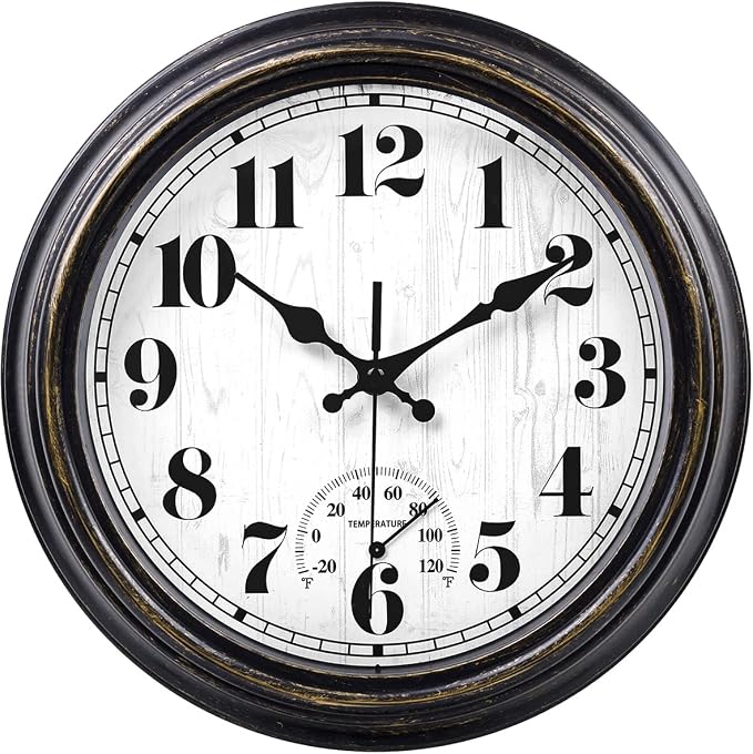 45MinST 12 Inch Indoor/Outdoor Retro Round Waterproof Wall Clock with Thermometer, Silent Non Ticking Battery Operated Quality Quartz Wall Clock Home/Patio Decor(Black Gold)