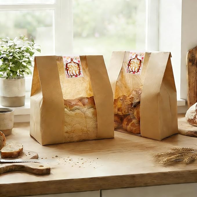 15.7x10.2x5.1in Extra Large Paper Bread Bags for Homemade Bread with Window&Sticker for Supersized Sourdough Bread, Oversized Bread Loaf, Baked Goods, Packaging for Gifting-Brown Kraft 50Pcs