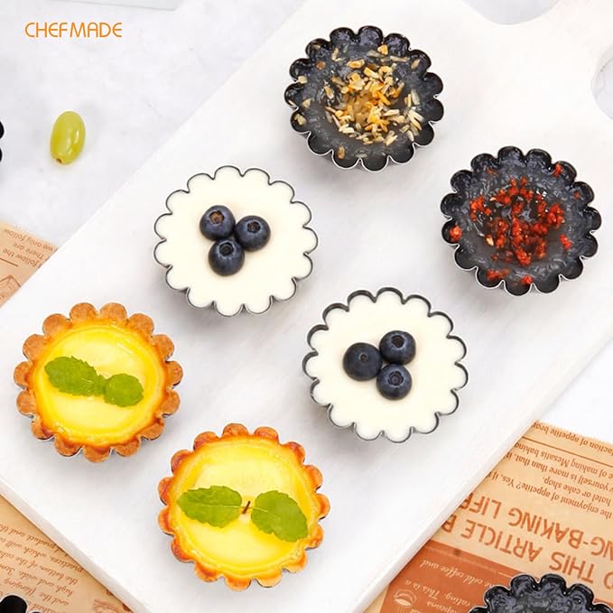 CHEFMADE Mini Egg Tart Pans, Non-Stick 3 Inch 12Pcs Tartlet Molds for Baking, Small Round Quiche Pans for Egg Tarts, Cupcakes, Pies (Black)