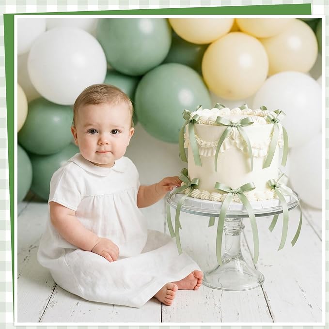 30 Pack Sage Green Bow Cake Toppers Ribbon Bows for Cake Bow Cupcake Toppers for Camping Birthday Party Decorations, Wedding, Bridal Baby Shower, Engagement, Bachelorette Party