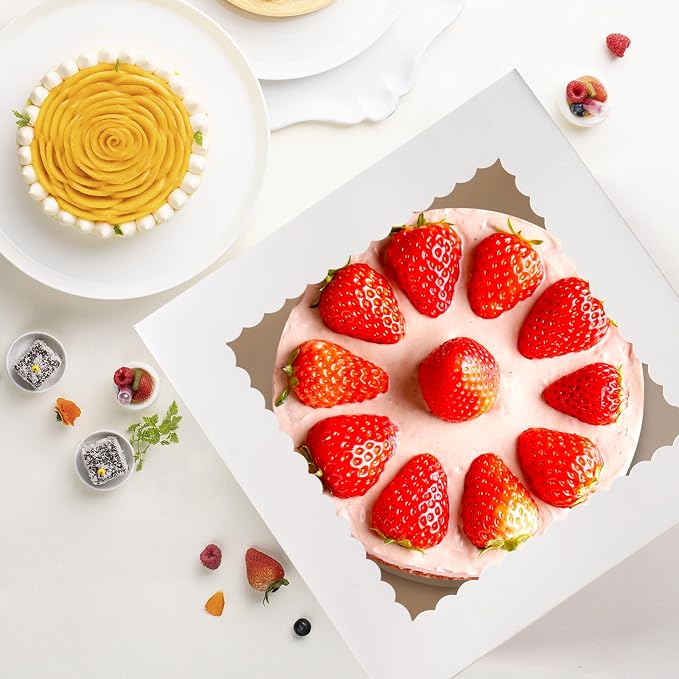 15Pcs 10x10x8 Inch Tall Cake Boxes with Clear Window & Cake Boards - Sturdy White Bakery Boxes with Scalloped Edge for Layer, Wedding, Birthday Cakes - Secure Transport for Professional & Home Bakers