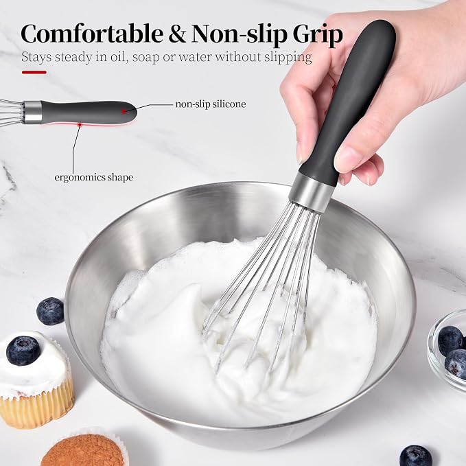 Small Whisk: Stainless Steel 9in Wire Balloon Wisk Kitchen Egg Whisker Heavy Duty Hand Mixer for Cooking Baking Whipping Blending Mixing Stirring Sauce, Flour, chocolate (Black)