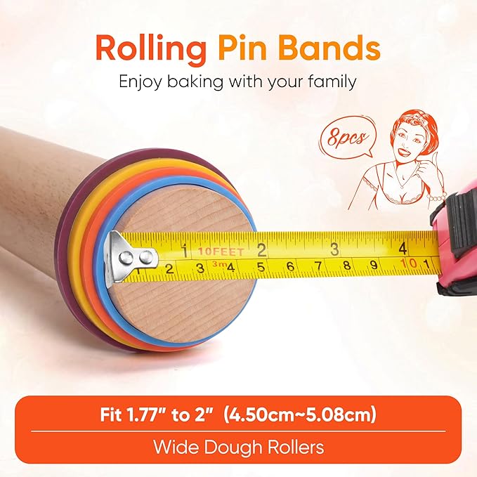 Rolling Pin Guide Rings(1/16”to 5/16''), Multicolored Flexible Silicone Spacer Bands, Reusable 8 Piece Set Baking Accessories to Precise Thickness Dough for Pizza, Cookies,Pies, Pastries, Pasta