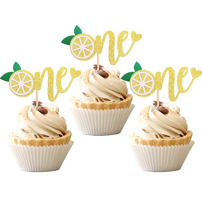 24 PCS Lemon One Cupcake Toppers Glitter Fruit Lemonade First Birthday Cupcake Picks for Lemon Theme Baby Shower 1st Birthday Party Cake Decorations Supplies Gold