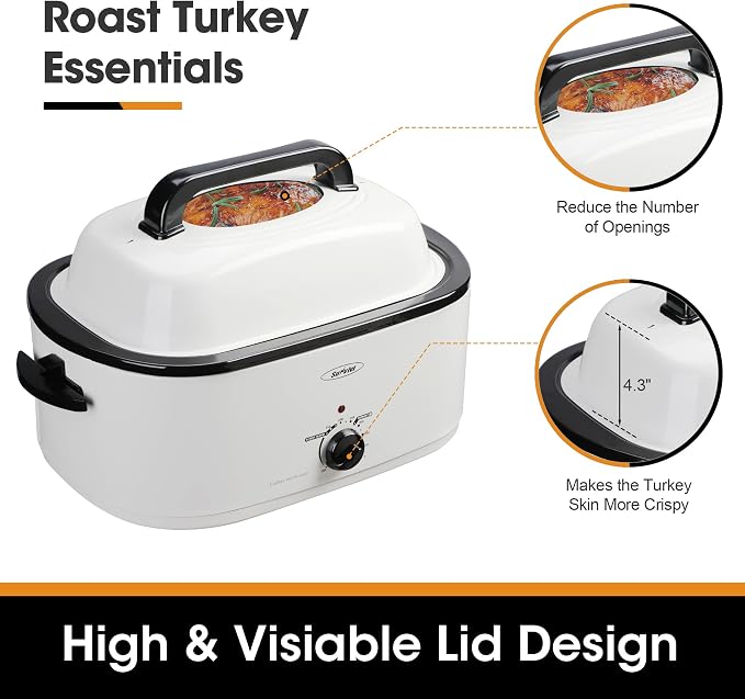 Sunvivi 26-Quart Roaster Oven, Electric Roaster Oven with Viewing Lid, Sunvivi Turkey Roaster with Unique Defrost/Warm Function, Large Roaster with with Removable Pan & Rack, Stainless Steel, White