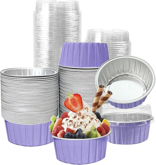 100Pcs Aluminum Cups with Lids,5oz Disposable Ramekin Baking Cups Muffin Liners Mini Pie Pans Foil Cupcake Containers for Christmas Party Wedding Party,Purple