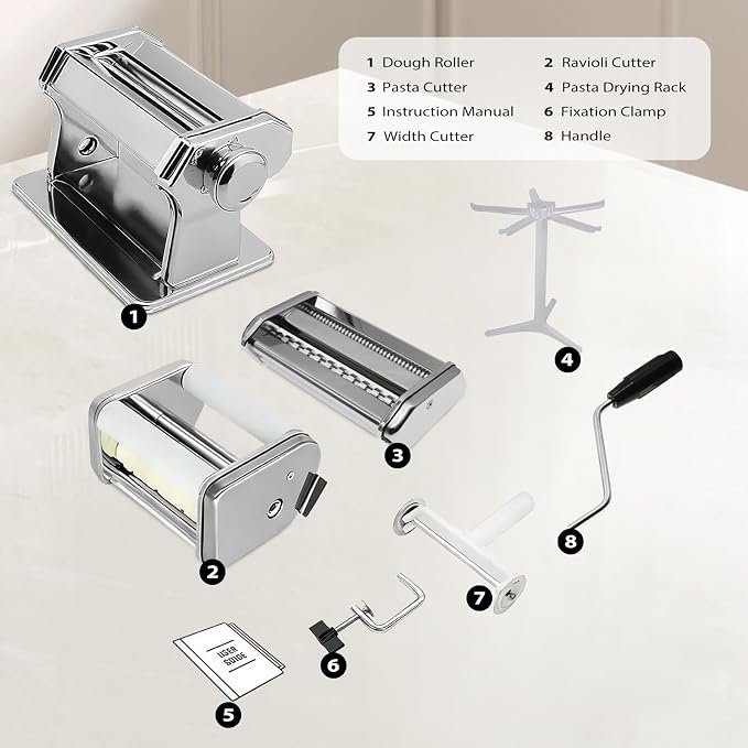 MZTOGR Pasta Maker Machine with 9 Adjustable Thickness Settings, 2 in 1 Noodle Maker Includes Pasta Cutter, Ravioli Maker Attachment & Pasta Drying Rack